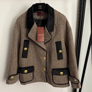 Gucci Women's Brown Herringbone Jacket with Black Accents